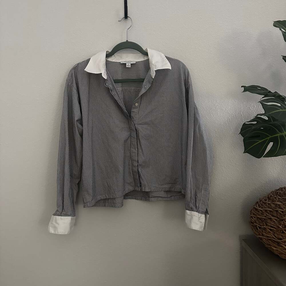 Ann‎ Taylor Weekend Striped Cotton Blend Collared Boxy Poplin Shirt Blue M